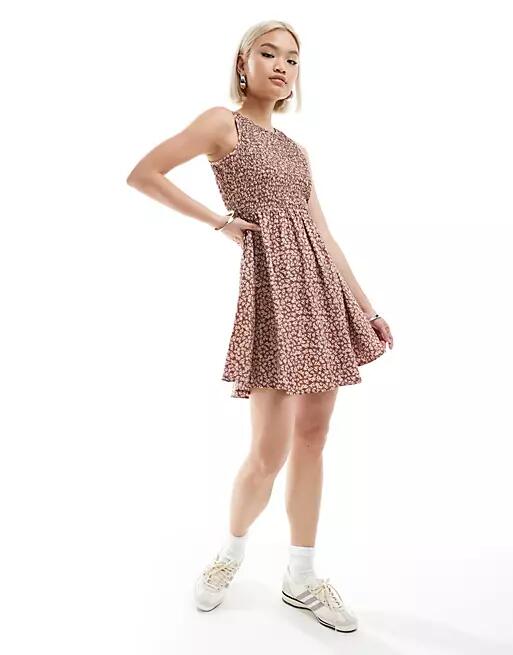 Daisy Street shirred mini tea dress in brown pink floral-Multi Cover