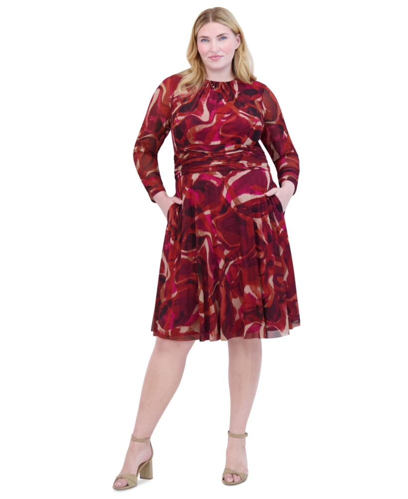 Jessica Howard Plus Size Printed Ruched-Waist Midi Dress - Red Multi Cover