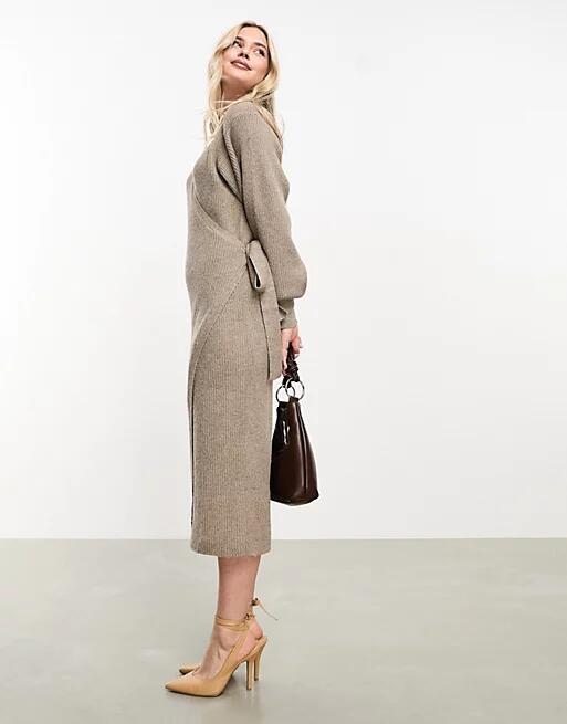 Pretty Lavish fluffy wrap knitted midi dress in mushroom-Neutral Cover