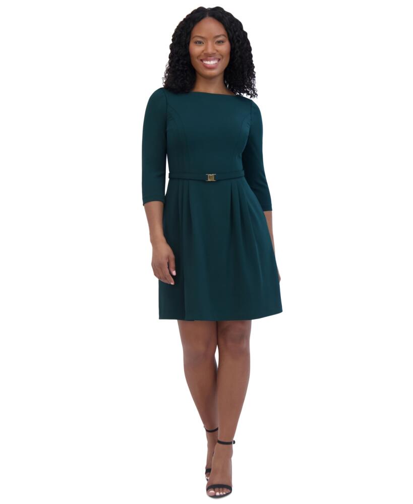 Jessica Howard Petite Belted Pleated 3/4-Sleeve Dress - Pine Cover