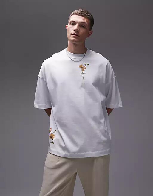 Topman premium extreme oversized fit T-shirt with yellow poppies front and back print in white Cover