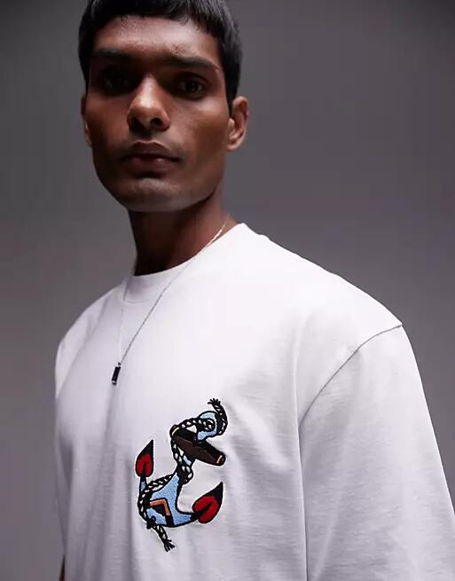 Topman premium oversized fit T-shirt with anchor embroidery in white Cover