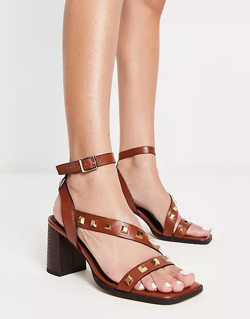 ASOS DESIGN Halter studded mid heeled sandals in tan-Brown Cover