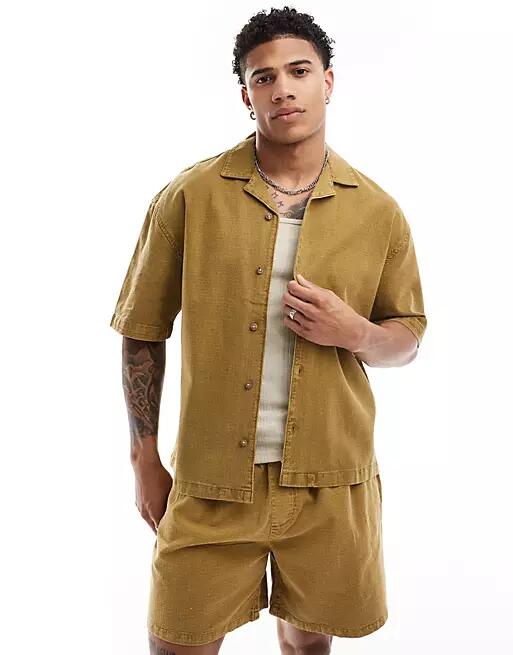 Pull & Bear woven shirt in khaki - part of a set-Green Cover