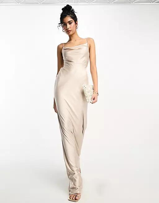 Six Stories Bridesmaids cowl front satin slip dress in oyster-White Cover