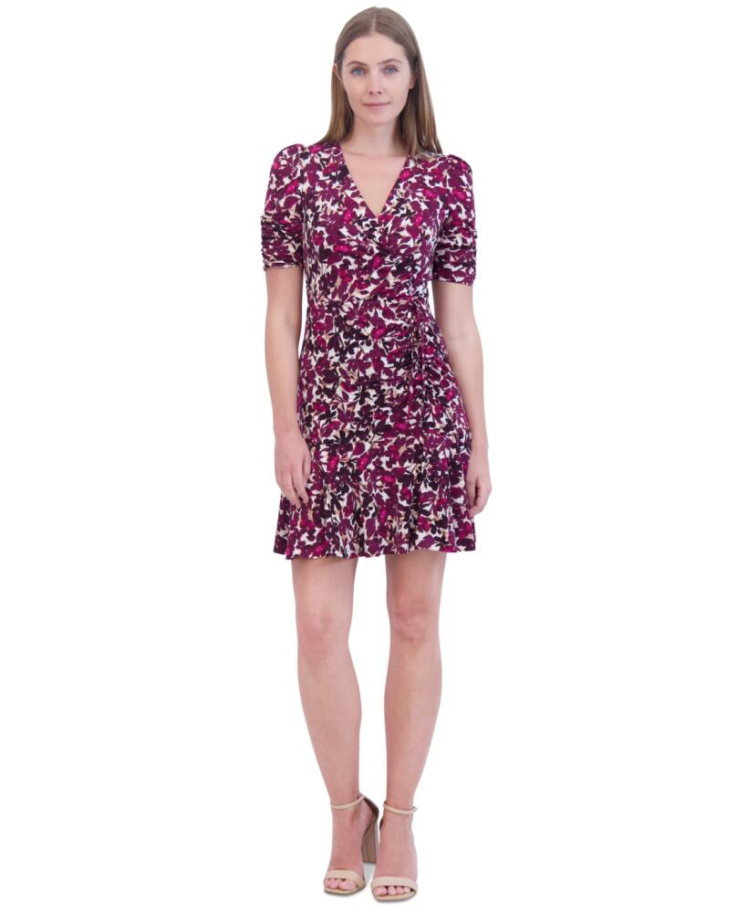 Jessica Howard Petite Floral-Print Ruched Dress - Berry Cover