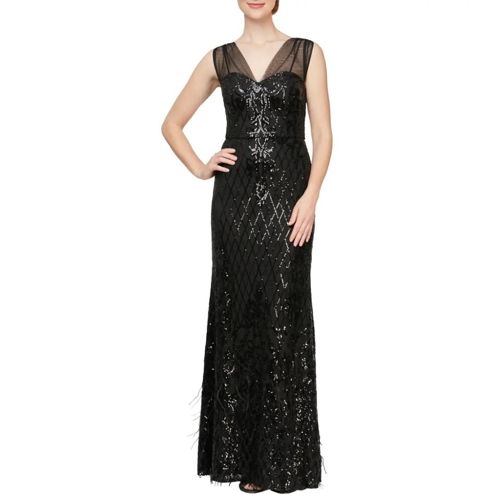 Alex Evenings Sequin & Feather Illusion Mesh Gown in Black Cover