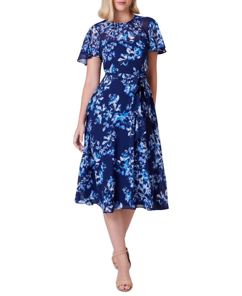 Jessica Howard Women's Belted Floral Chiffon Midi Dress - Navy Cover