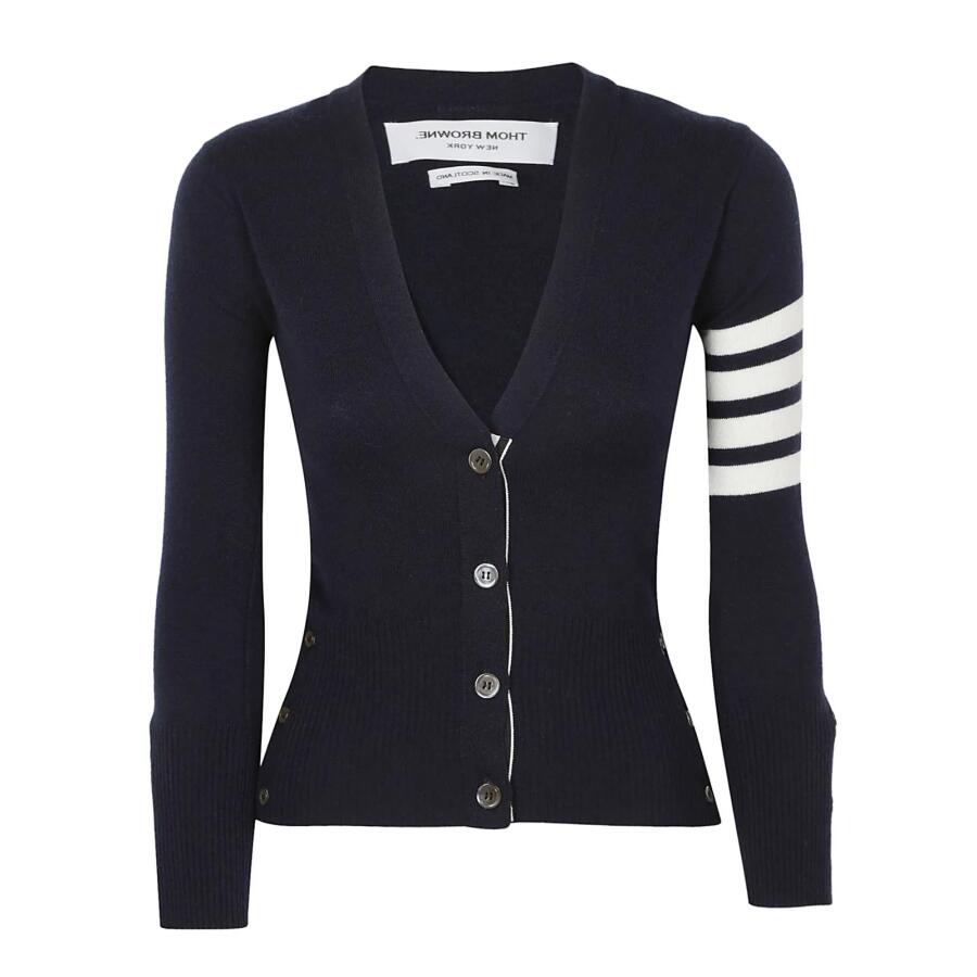 Thom Browne Ladies Navy Cashmere 4-Bar Classic V-Neck Cardigan Cover