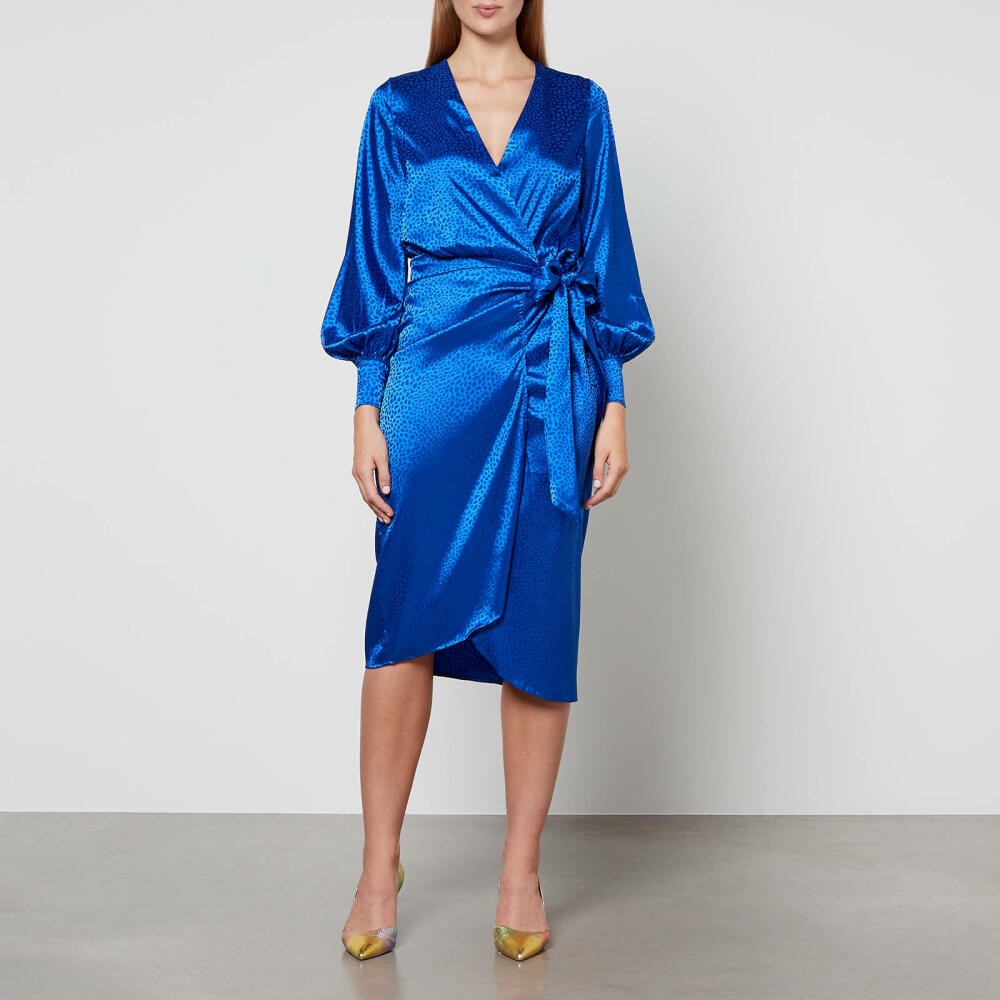 Never Fully Dressed Blue Jacquard Wrap Satin Midi Dress Cover