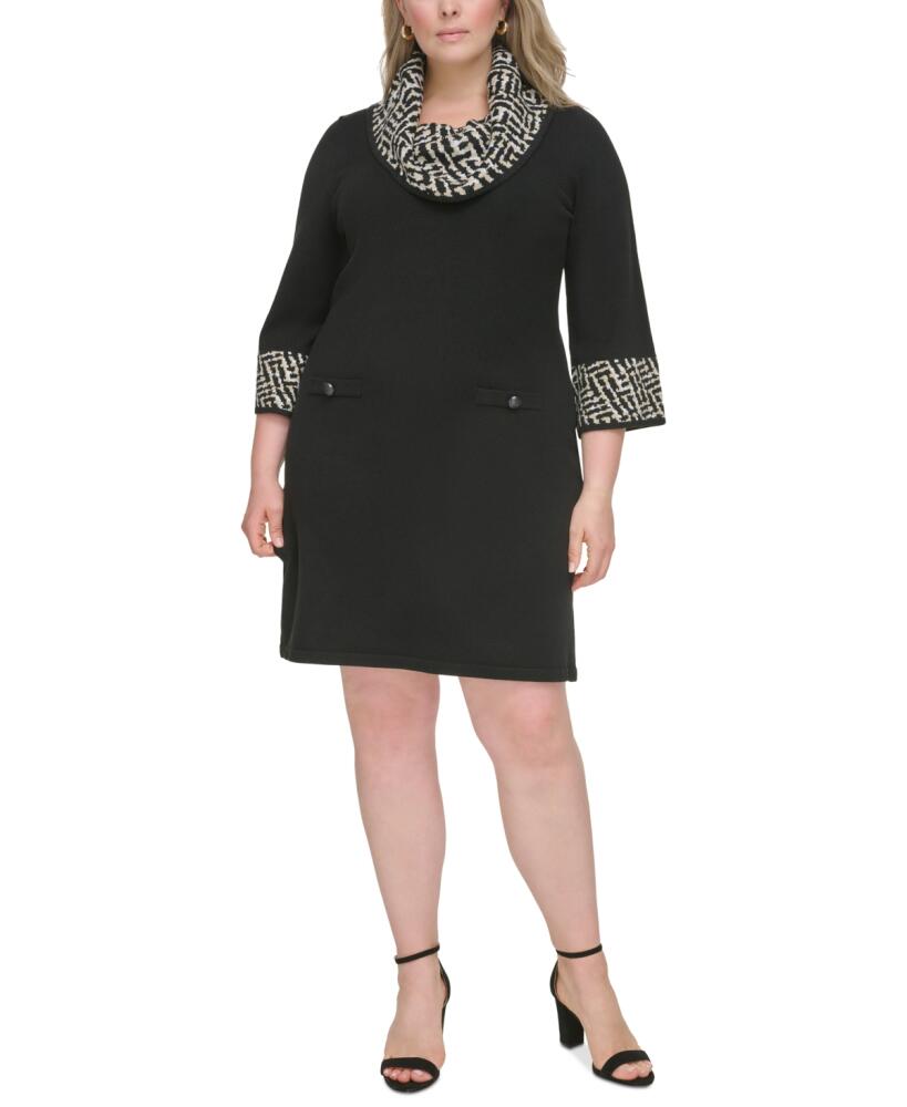 Jessica Howard Plus Size Contrast Cowlneck Sweater Dress - Black Taupe Cover