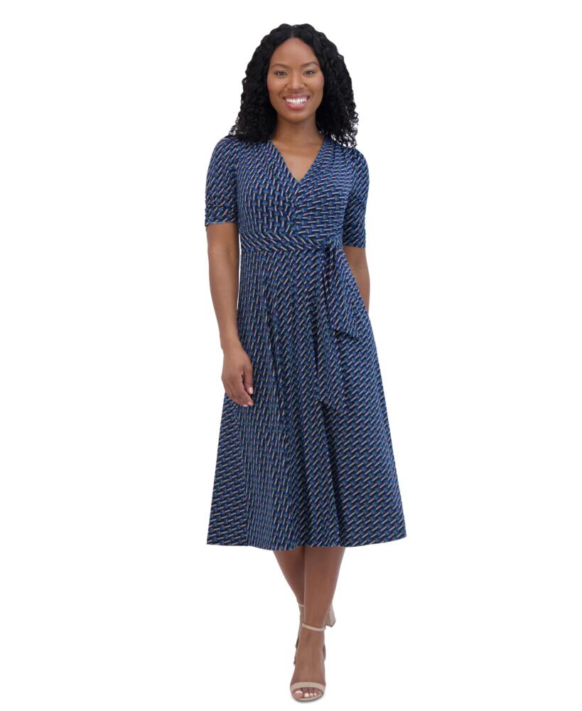 Jessica Howard Petite Pleated V-Neck Tie-Waist Dress - Navy Multi Cover