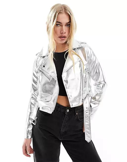 Stradivarius faux leather biker jacket in silver Cover