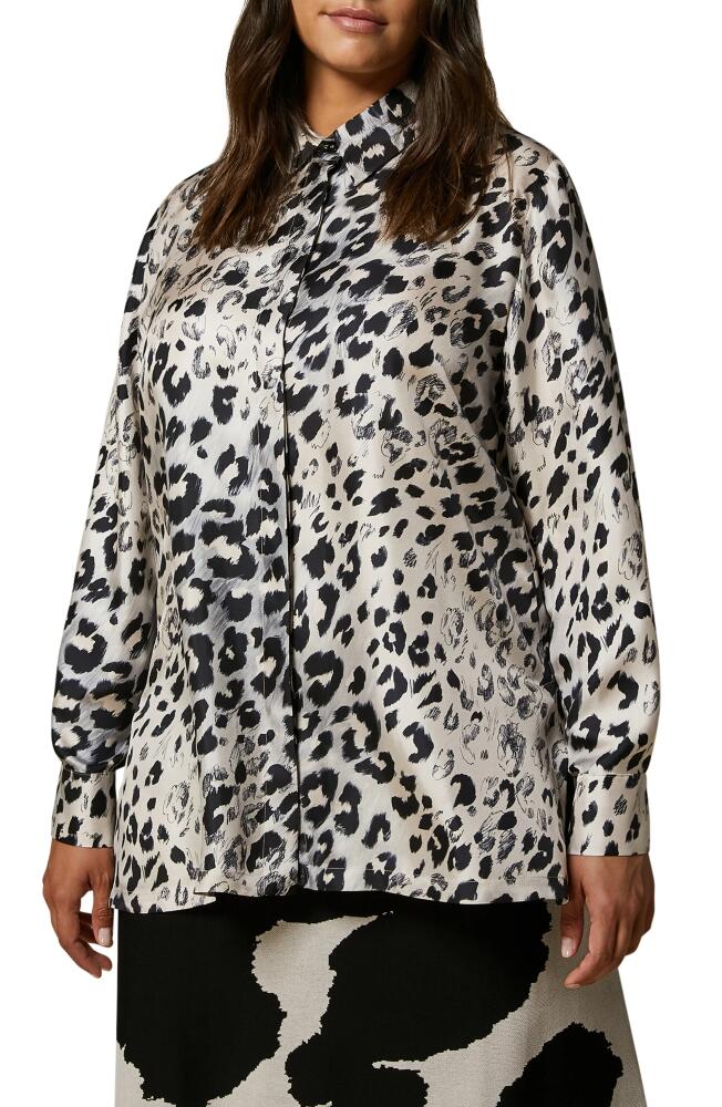 Marina Rinaldi Leopard Print Silk Twill Button-Up Shirt in Grey Cover