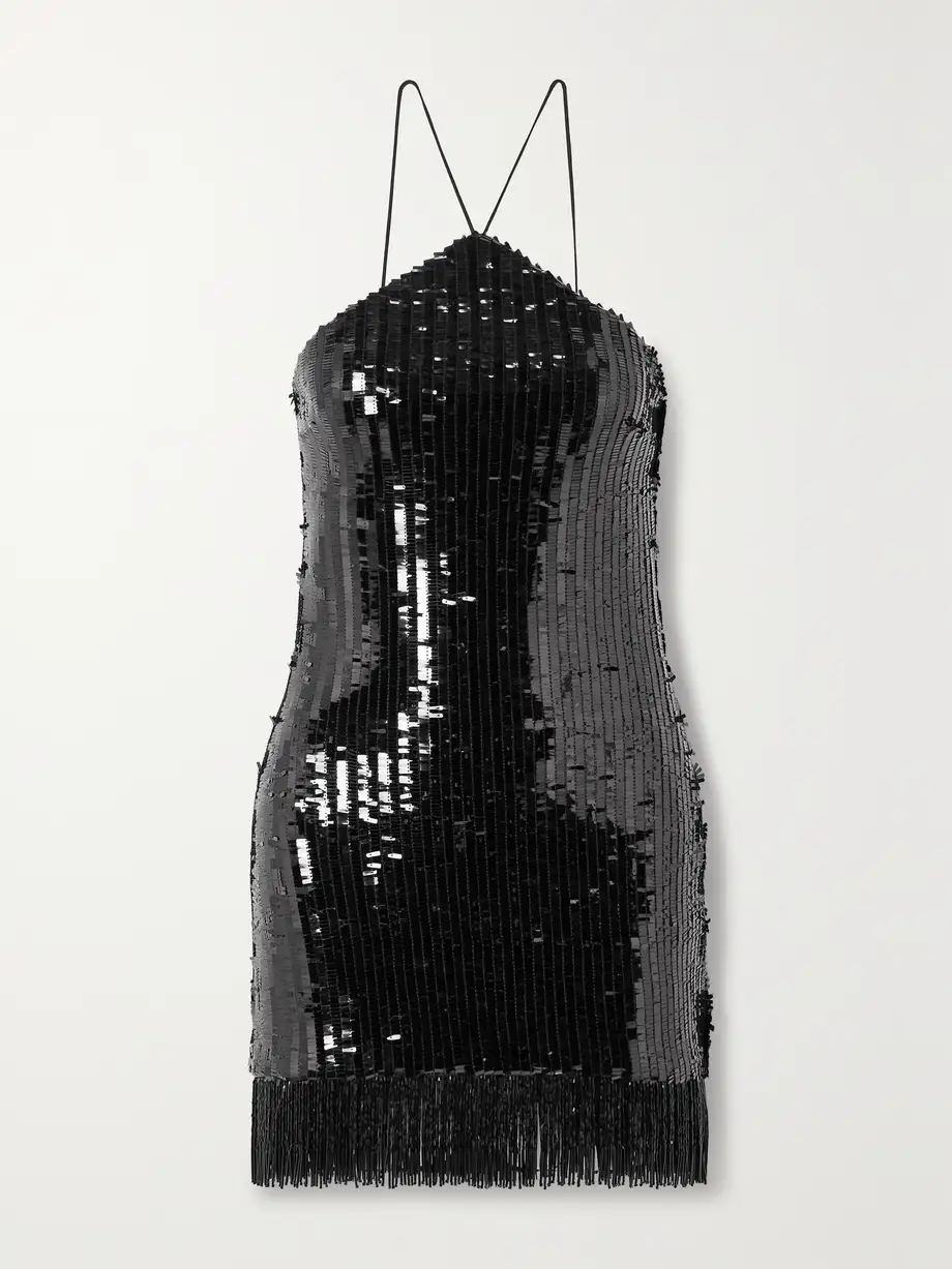 Taller Marmo - Pat Fringed Sequined Tulle Halterneck Mini Dress - Black Cover