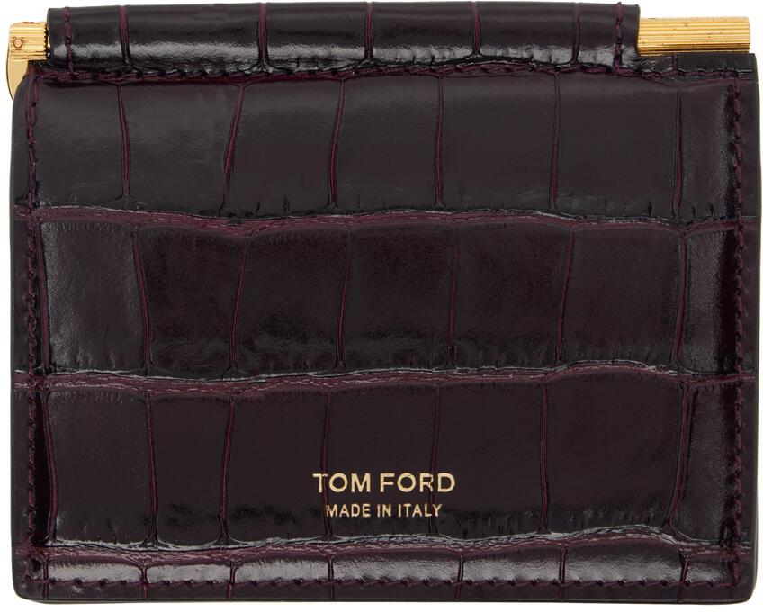 TOM FORD Burgundy Shiny Croc Folding Money Clip Card Holder Cover