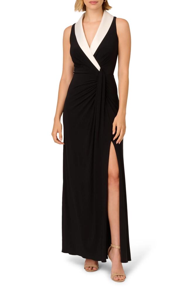 Adrianna Papell Shawl Collar Jersey Faux Wrap Gown in Black/Ivory Cover