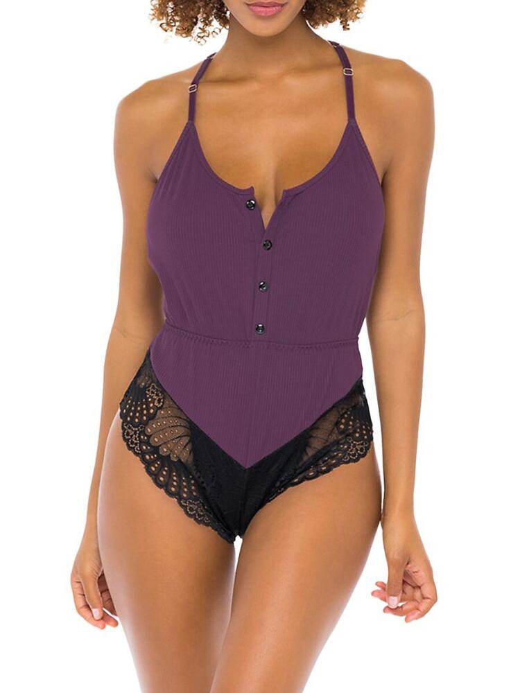 OH LA LA CHERI Women's Scoopneck Lace Trim Bodysuit - Italian Plum Cover