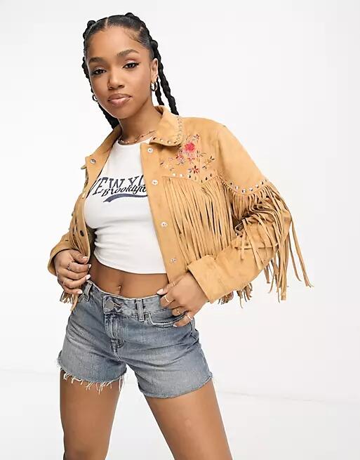 Miss Selfridge western suedette fringe embroidered jacket in tan-Brown Cover