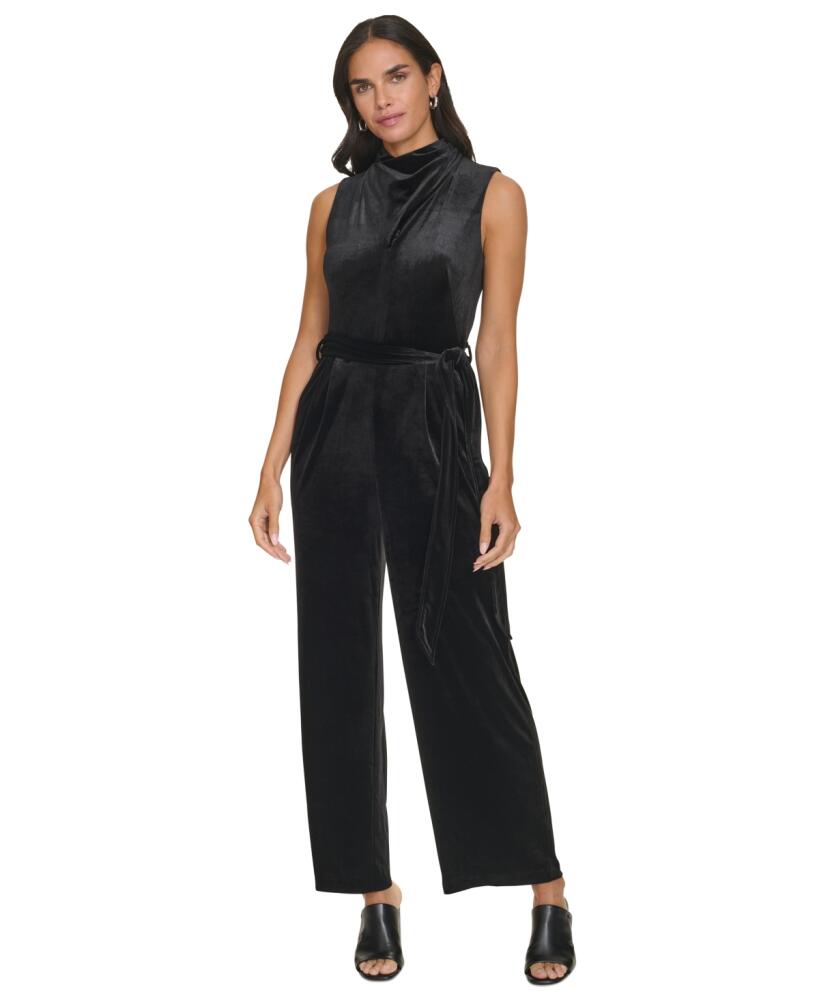 Calvin Klein Women's Tie-Waist Velvet Sleeveless Jumpsuit - Black Cover