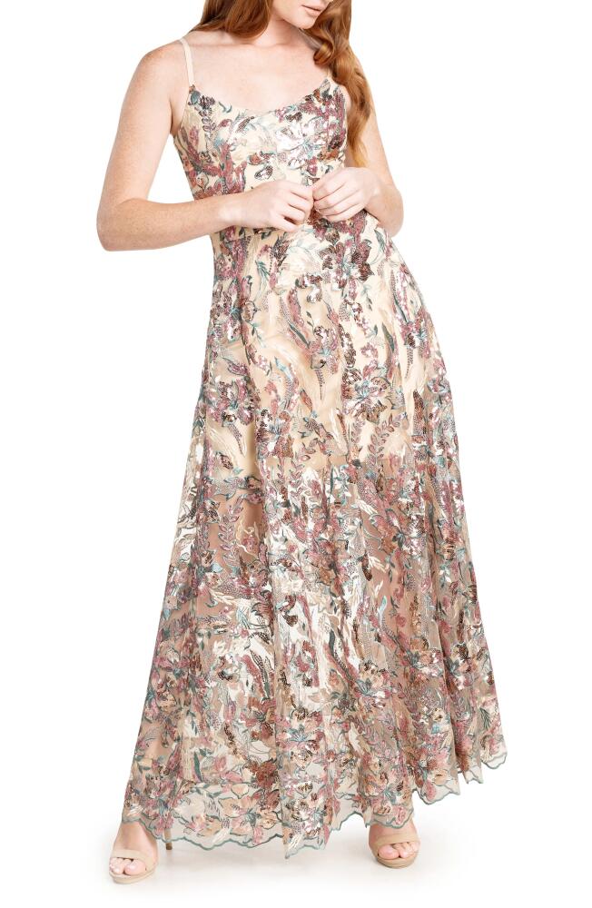 Dress the Population Umalina Sequin Floral Fit & Flare Gown in Beige/Lavender Multi Cover