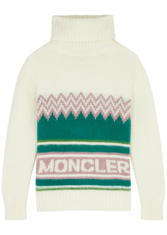 Moncler Women's Large Multicoloured Logo-Intarsia 100% Wool Jumper - Roll-Neck Cover