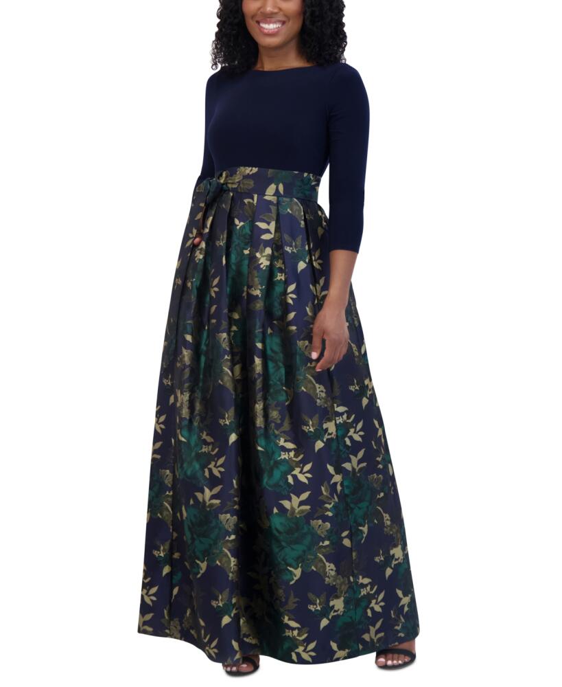 Jessica Howard Petite Floral-Skirt Tie-Waist Evening Gown - Navy Multi Cover