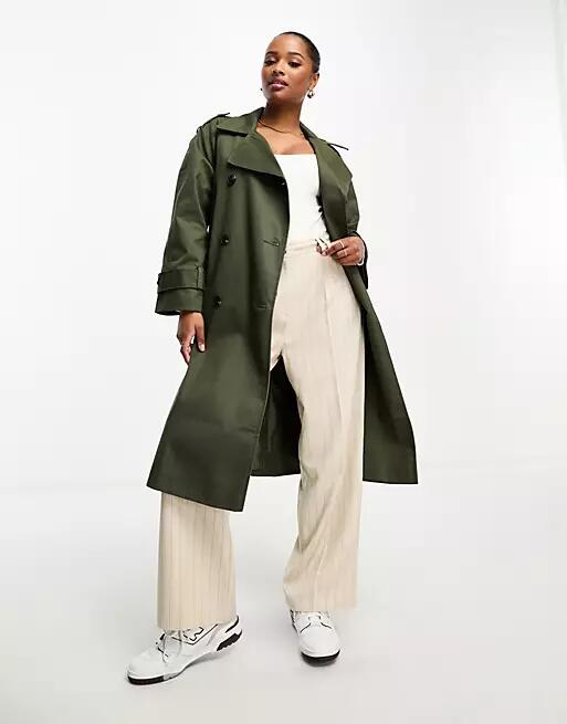 ASOS DESIGN Petite longline trench coat in dark khaki-Green Cover