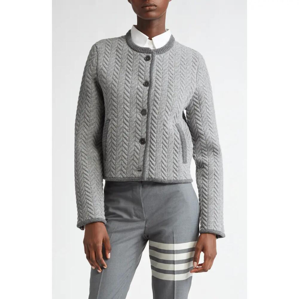 Thom Browne Herringbone Knit Wool Blend Cardigan in Light Grey Cover