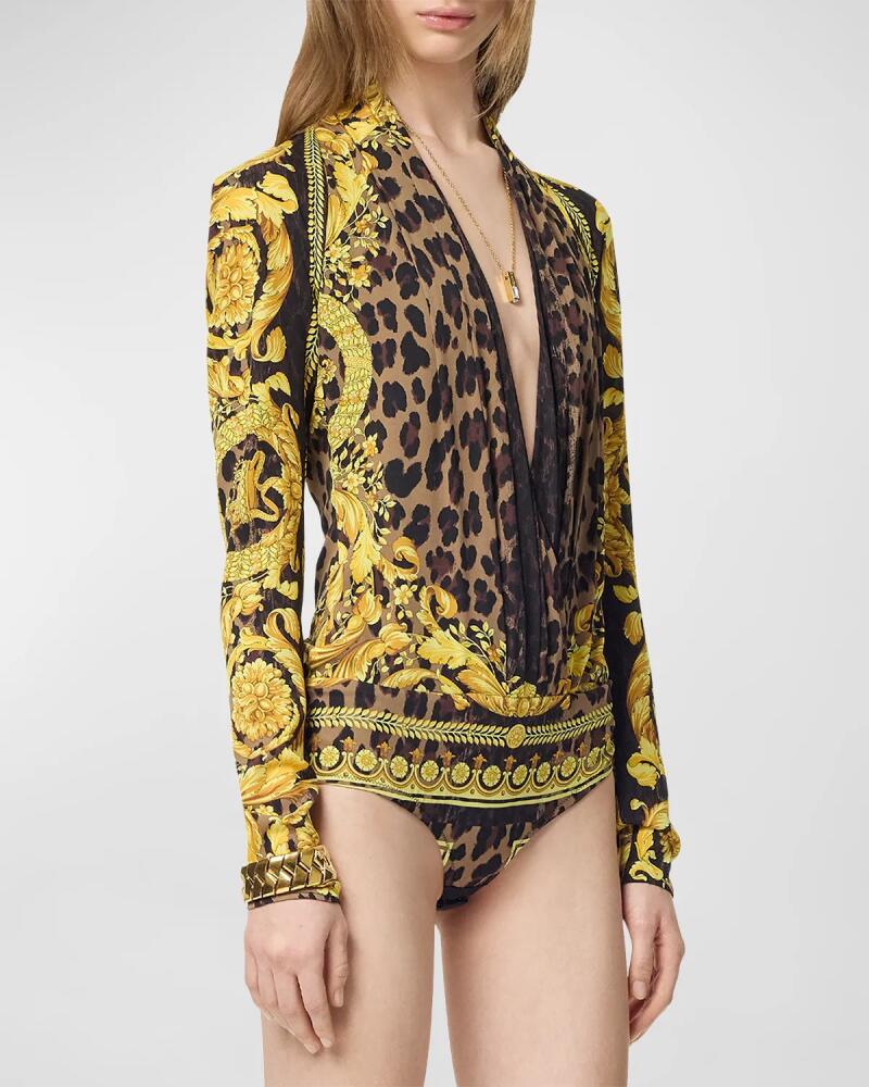 Versace Wild Barocco Silk Georgette Long-Sleeve Bodysuit Cover