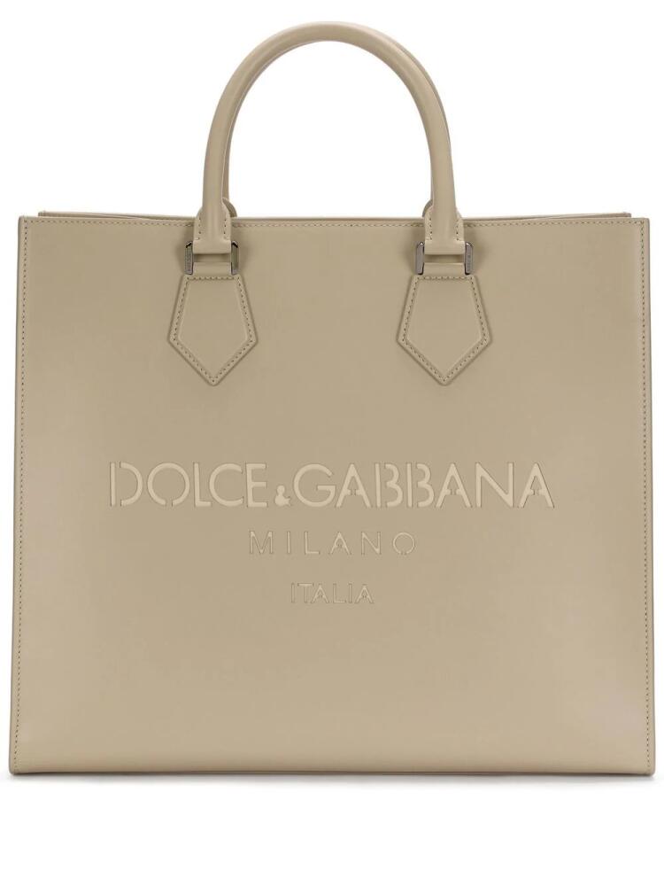 Dolce & Gabbana logo-debossed leather tote bag - Neutrals Cover