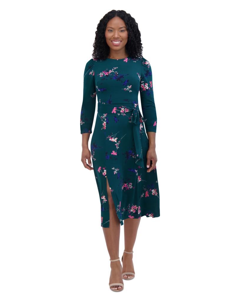 Jessica Howard Petite Printed 3/4-Sleeve Belted Midi Dress - Green Cover