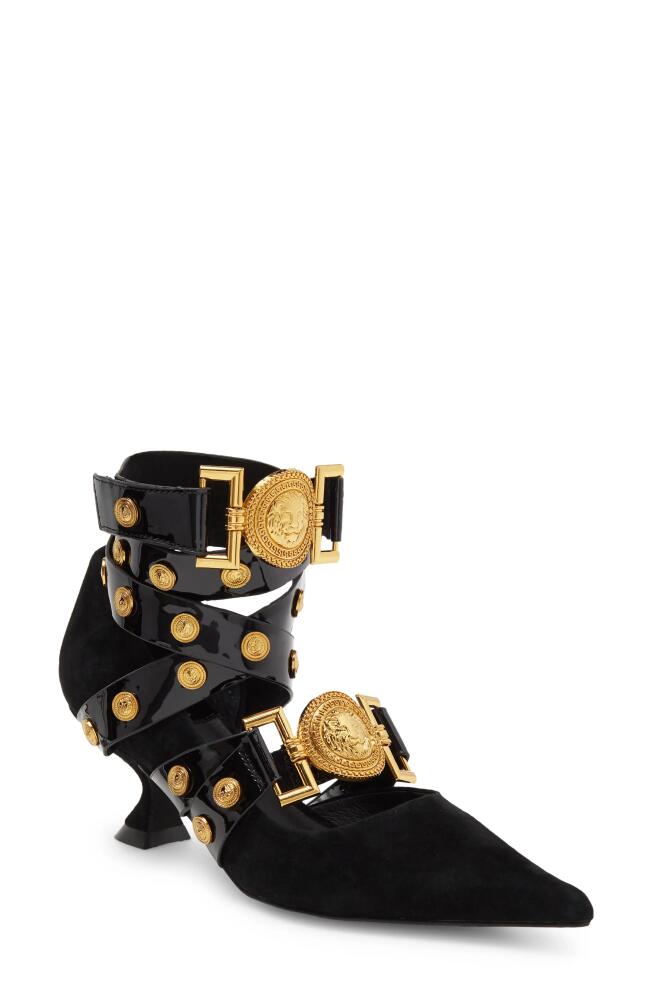 Jeffrey Campbell Leos Ankle Wrap Kitten Heel Pump in Black Suede Gold Cover