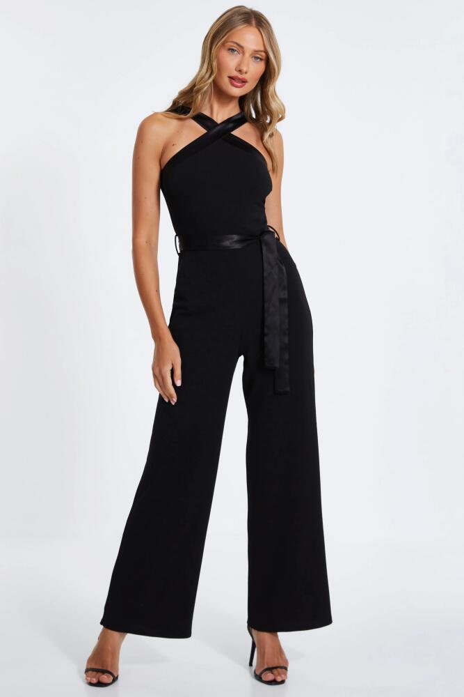 QUIZ Scuba Crepe Halter Jumpsuit with Satin Trim in Black Cover