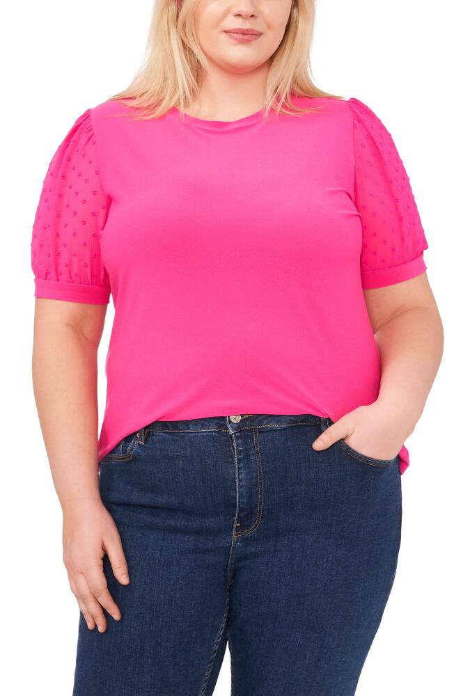 CeCe Puff Sleeve Mixed Media Top in Bright Rose Pink Cover