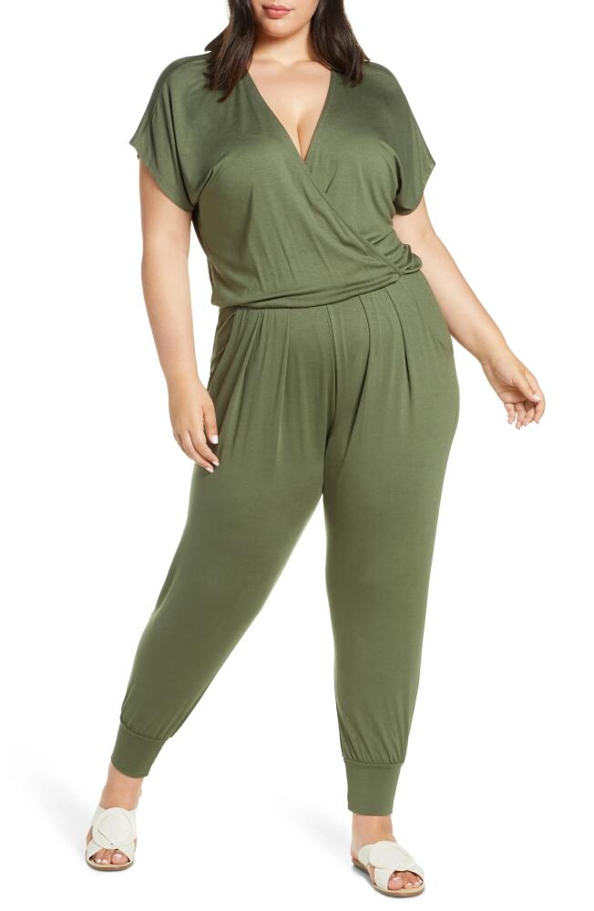 Loveappella Short Sleeve Wrap Top Jumpsuit in Olive Cover