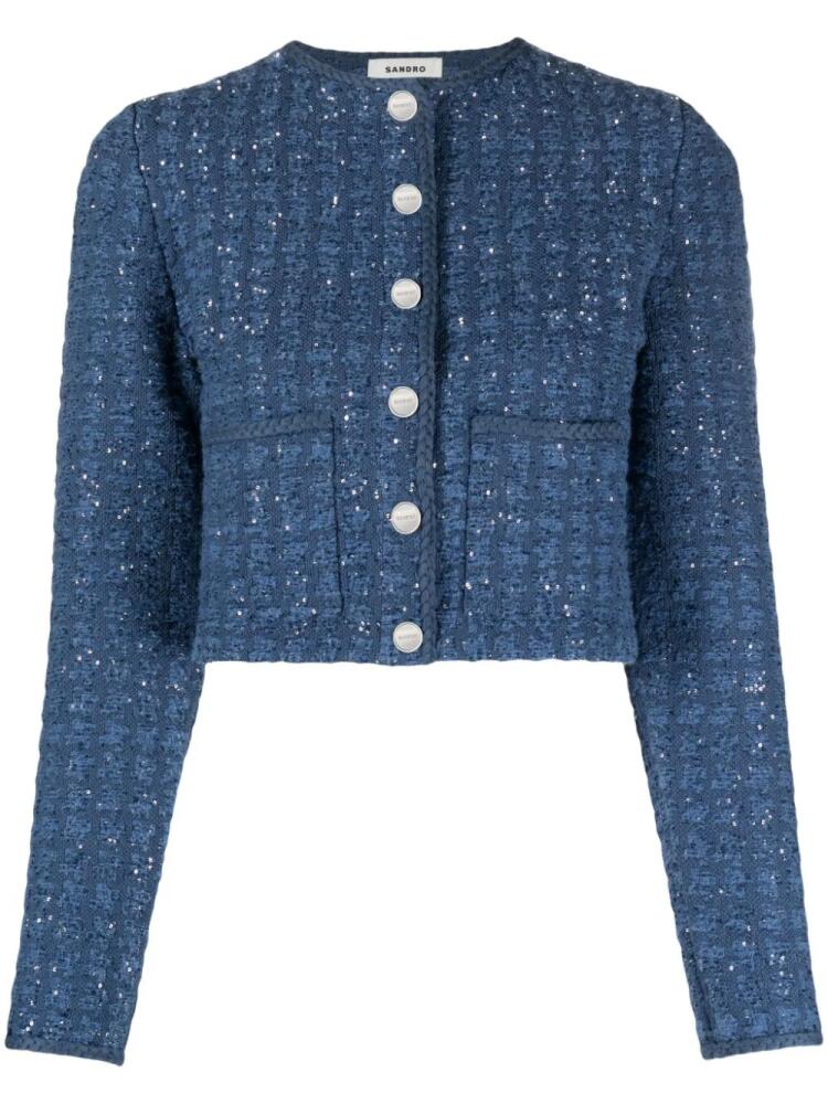 SANDRO sequin-embellished cropped tweed jacket - Blue Cover