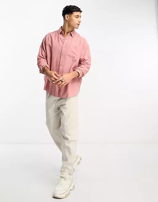 New Look long sleeve linen blend shirt in dark pink Cover