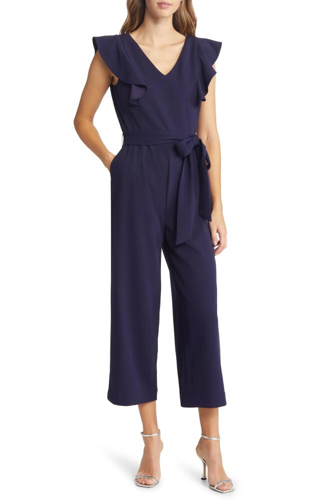 Tahari ASL Ruffle Tie Waist Scuba Crepe Crop Jumpsuit in Midnight Navy Cover