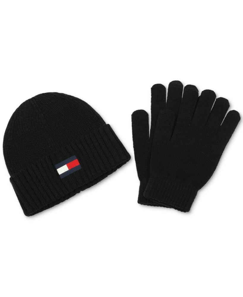 Tommy Hilfiger Men's Embroidered Logo Beanie & Gloves Set - Black Cover