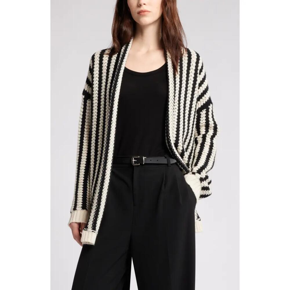 Nordstrom Chainette Stripe Wool & Cashmere Cardigan in Black- Ivory Textured Stp Cover