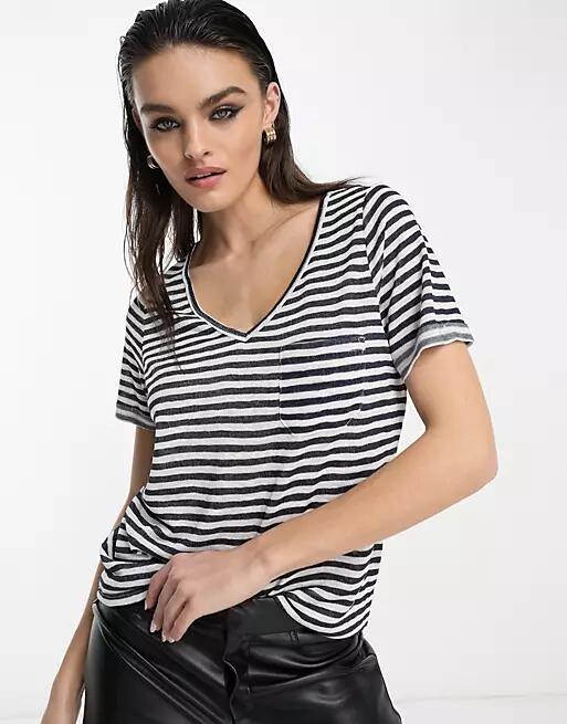 Object V-neck T-shirt in navy and white stripe-Multi Cover