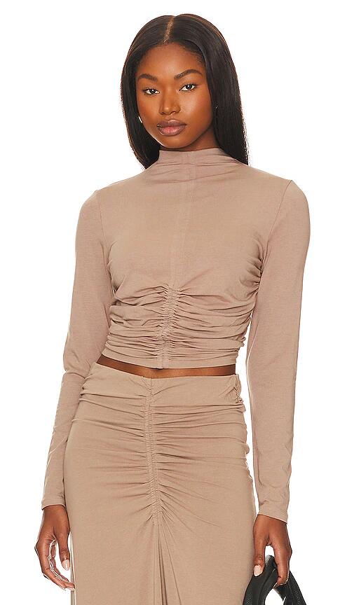 Bobi Cropped Turtleneck Top in Tan Cover