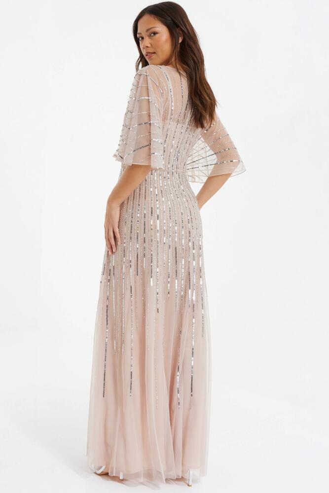 QUIZ Embellished Sequin Evening Dress in Neutral Cover