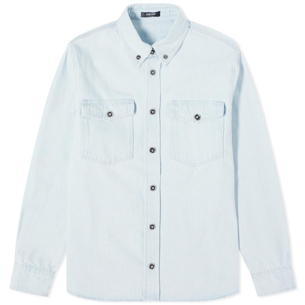 Versace Men's Stone Wash Denim Overshirt in Light Blue Ice Cover