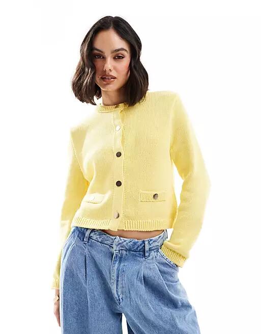 ASOS DESIGN crew neck cardigan with pocket detail in yellow Cover