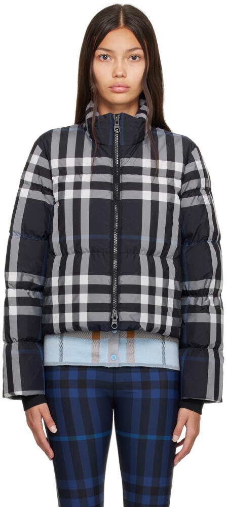 Burberry Navy Night Check Cropped Down Puffer Jacket Cover