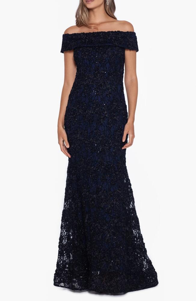 Xscape Evenings Off the Shoulder Sequin Lace Trumpet Gown in Black/Navy Cover