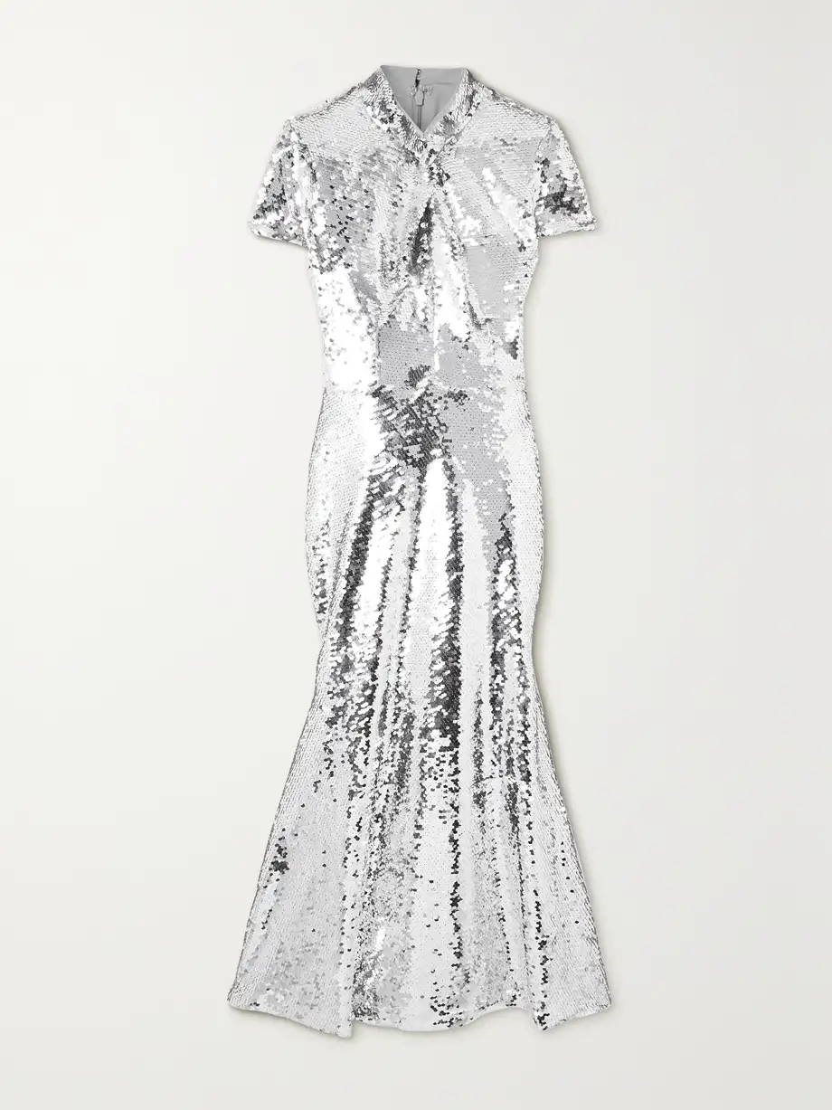 Self-Portrait - Sequined Tulle Midi Dress - Silver Cover