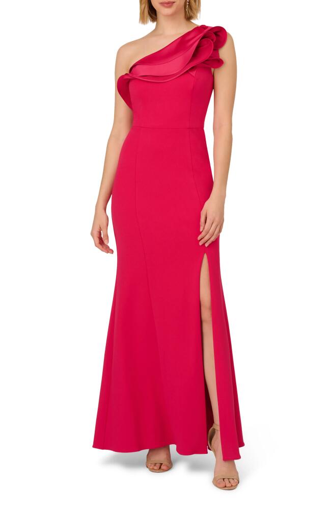 Adrianna Papell Ruffle One-Shoulder Stretch Crepe Column Gown in Pink Cherry Cover